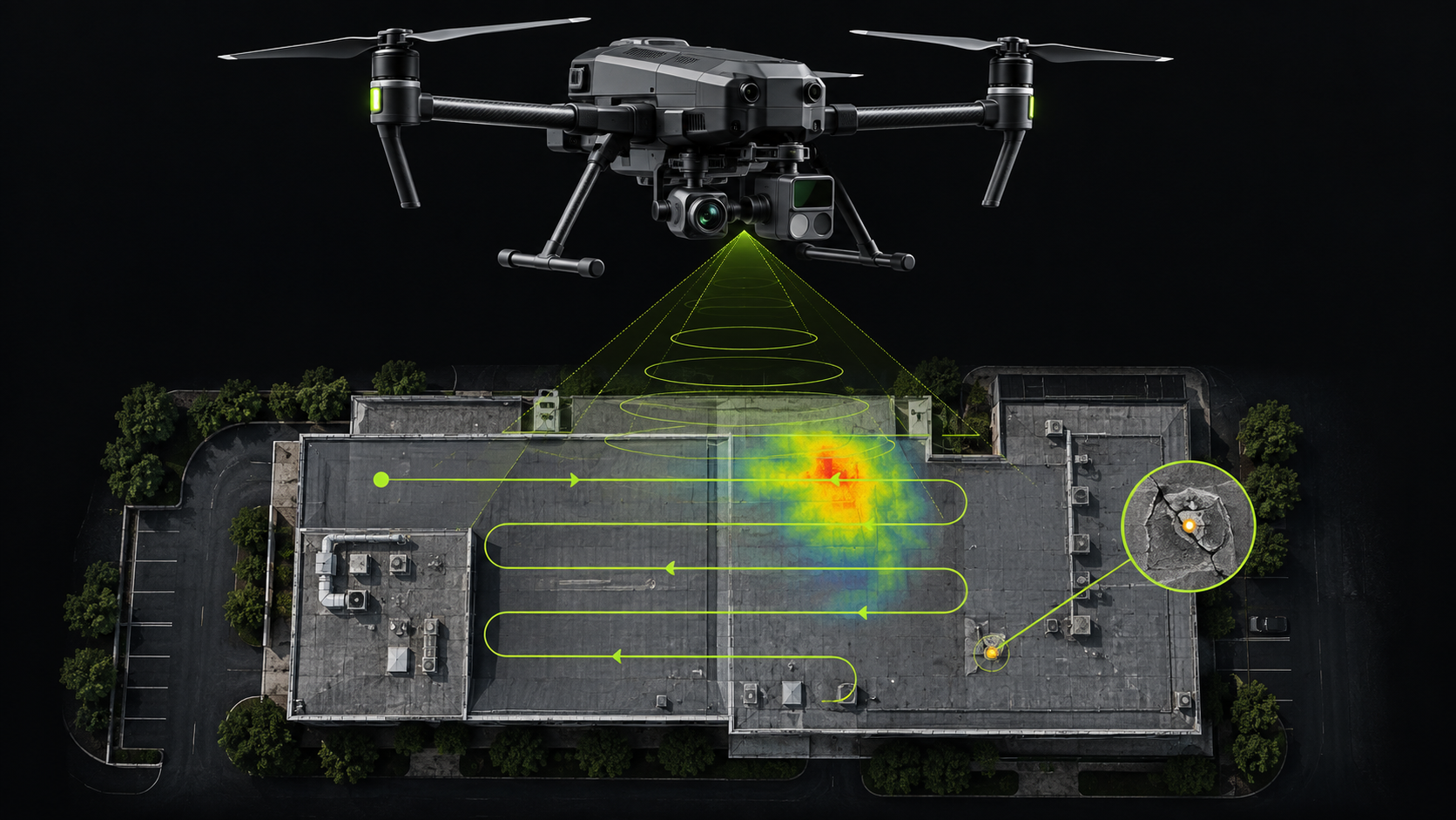 Enterprise drone scanning a roof, tracing a flight path and pinpointing a defect