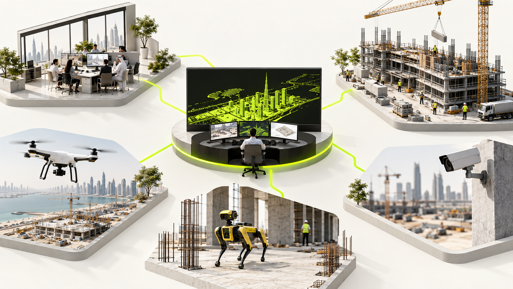 Office, construction, cameras, drone and robot connected to one central view