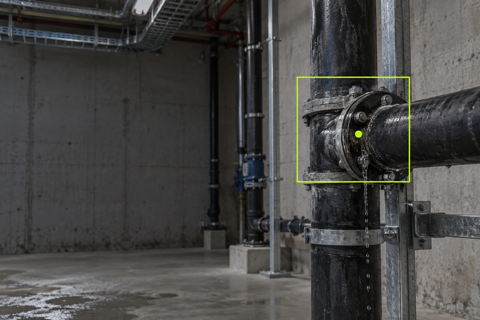 Detected water leak at a pipe joint