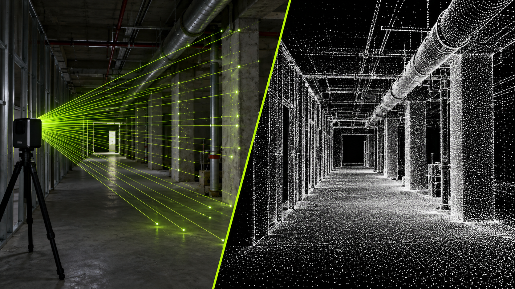 LiDAR laser pulses transforming a real corridor into a three-dimensional point cloud